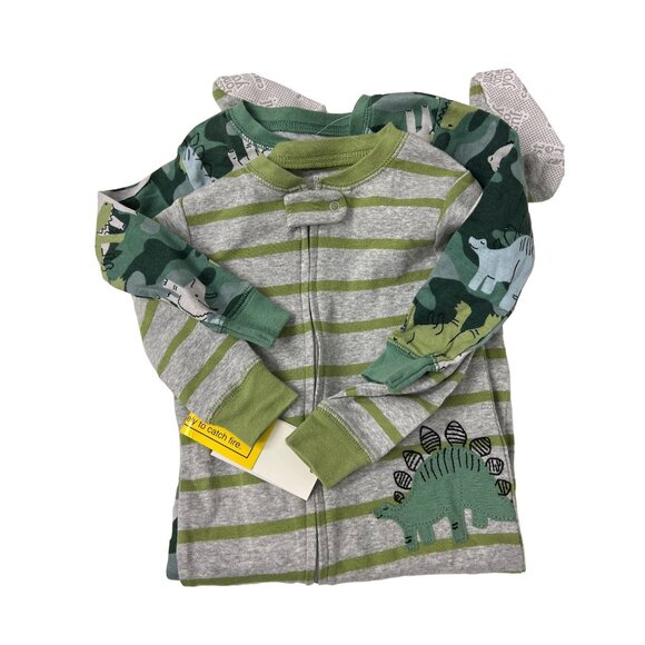 Carters Dinosaur Footed Onesie Bundle Green Gray Stripes & Camouflage Pajamas - Picture 1 of 3